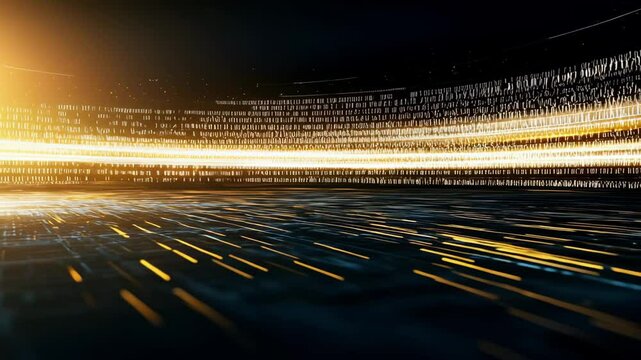 Digital light beams reflecting surface create futuristic atmosphere, showcasing vibrant landscapes with binary code symbolizing innovation