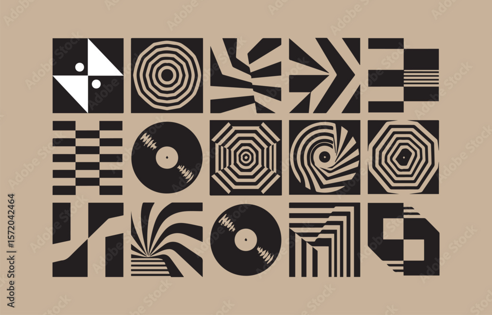 Aufkleber collection of black and white geometric abstract patterns and shapes on a neutral background