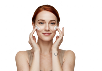 Young woman applying face cream isolated on transparent background
