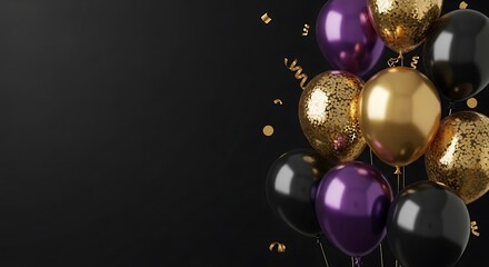 Festive balloons with gold confetti and streamers purple