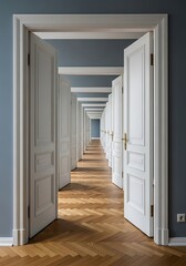 Endless white doors hallway perspective open doors