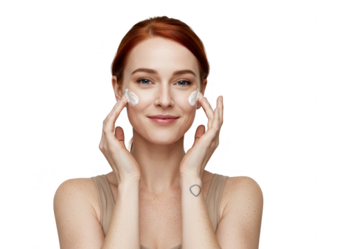 Young woman applying face cream isolated on transparent background
