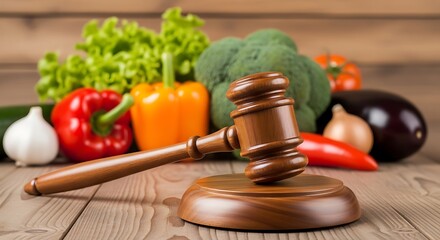 Gavel and fresh vegetables on wooden table judge legal