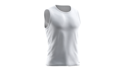 Sleeveless white textured shirt sits upright on a transparent backdrop.