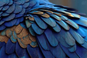 Obraz premium Detailed close up of vibrant blue and gold bird feathers showing intricate textures and patterns