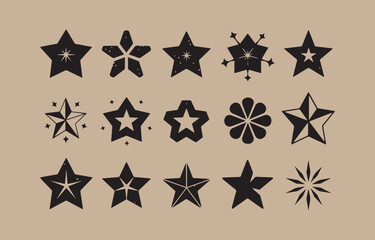 Collection of diverse black star shapes and celestial icons on a neutral beige background