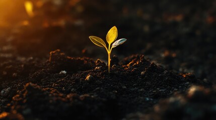Sunrise Sprout: A Tiny Seedling Emerging from Dark Soil