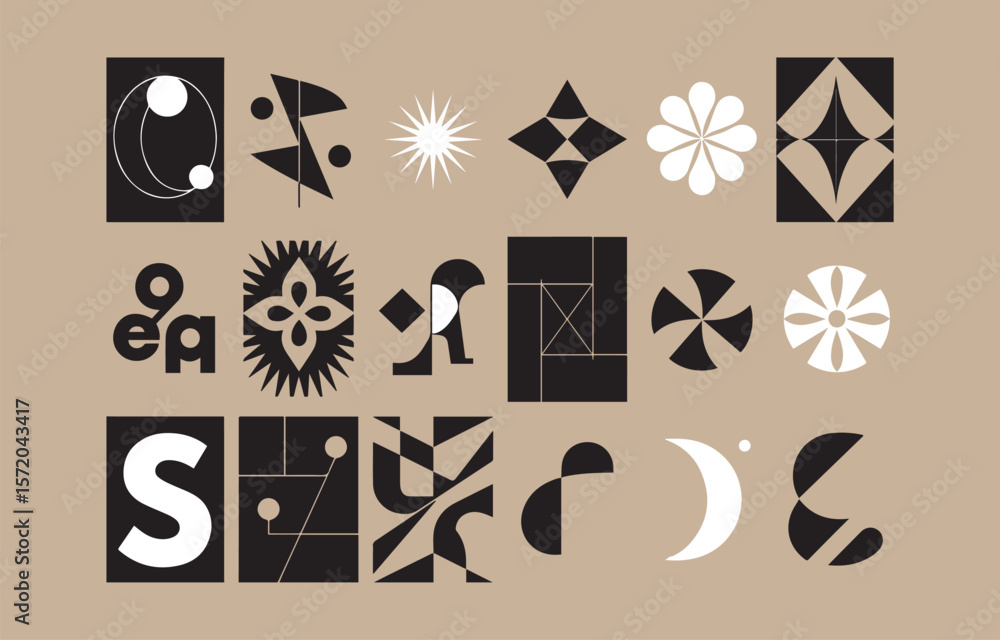 Poster abstract geometric shapes and symbols in black and white on a beige background creating a modern com