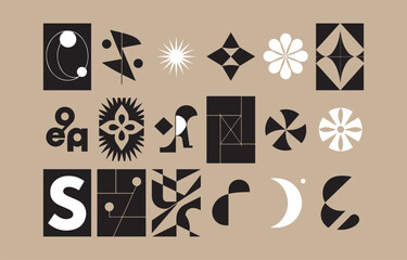 Abstract geometric shapes and symbols in black and white on a beige background creating a modern composition
