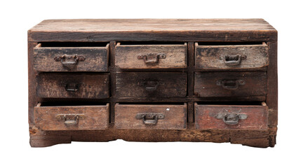 Rustic apothecary cabinet with open drawers sits on a transparent background.

