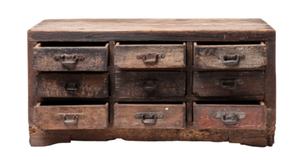 Rustic apothecary cabinet with open drawers sits on a transparent background.
