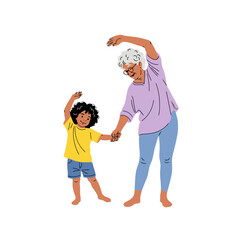 Active Grandma and Grandchild Stretching Together