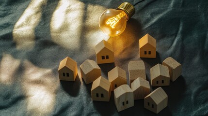 Illuminating Ideas:  A Glowing Bulb and Miniature Homes Representing  Sustainable Energy Solutions for Housing Developments