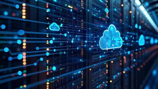 Futuristic animation showing secure cloud data transfer, cybersecurity symbols, and digital network connections&mdash;ideal for tech, IT, and internet safety themes.