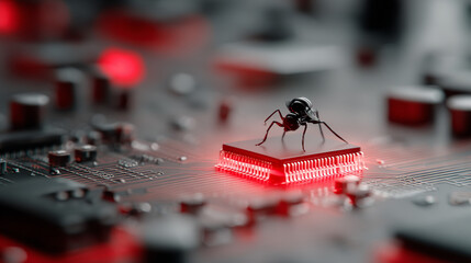 A menacing cyber insect crawls across a glowing circuit board, symbolizing a digital threat.