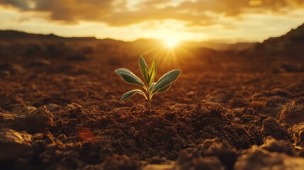 Sunrise Sapling: A Tiny Seedling Emerging in a Dry Landscape at Dawn