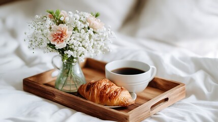 A wooden tray with decaf coffee croissant and a flower vase placed on a bed with white linens lazy weekend morning real photo stock photography