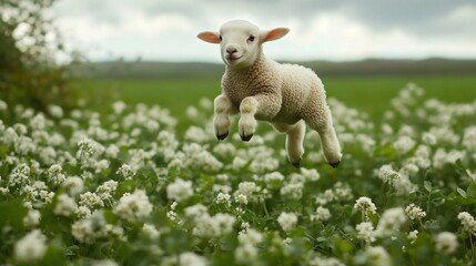 Naklejka premium Joyful lamb leaps through a field of spring wildflowers on overcast day