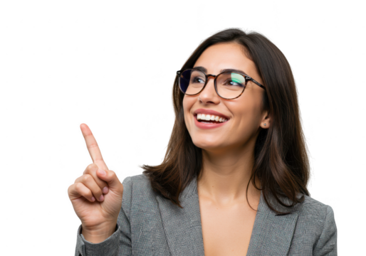 Smiling businesswoman pointing up with her index finger isolated on transparent background