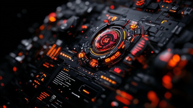 Close-up of a futuristic, glowing, technological interface with intricate circuitry and glowing orange accents