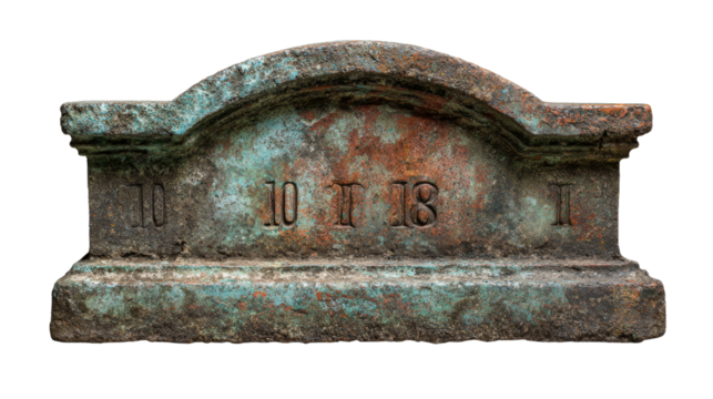 Old stone boundary marker with the inscriptions 10 II 18 I is isolated on transparent background.
