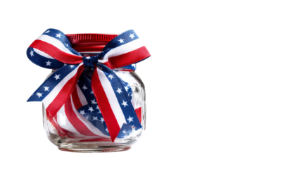 Jar has a patriotic bow with red white and blue ribbon on a transparent background.
