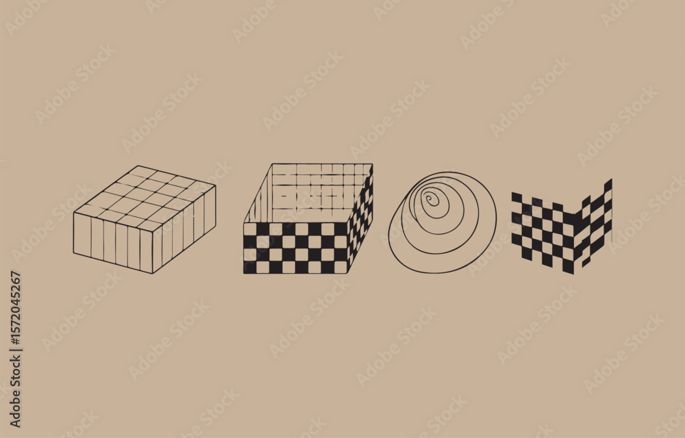 Aufkleber abstract geometric shapes and patterns including a tiled cube a checkered box and a spiral on a neut