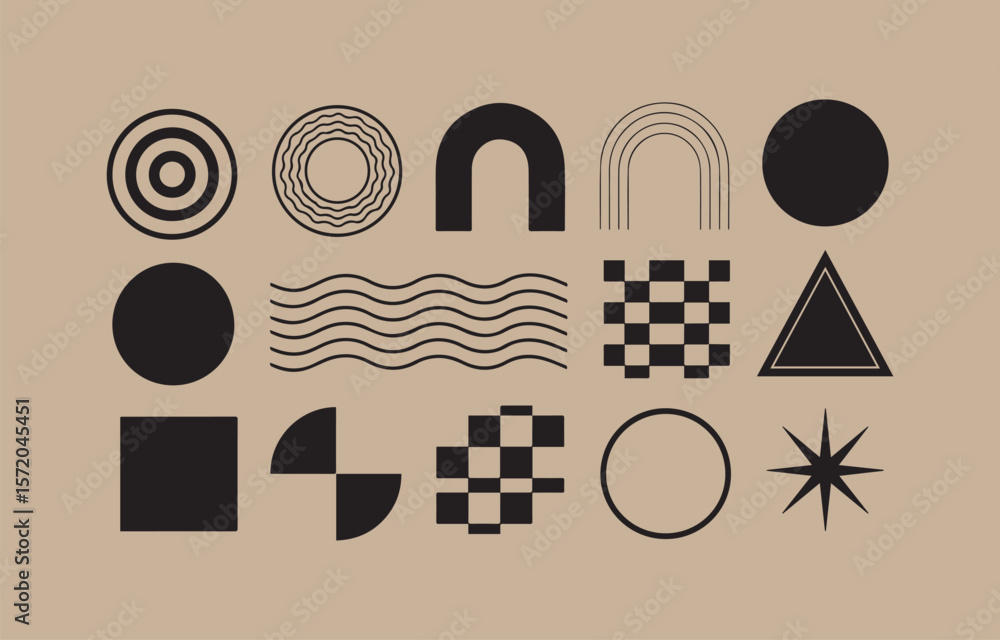 Poster collection of abstract geometric shapes and patterns in black on a light brown background