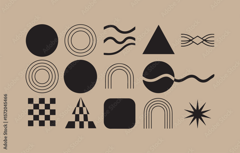 Aufkleber collection of abstract black geometric shapes and patterns on a neutral beige background
