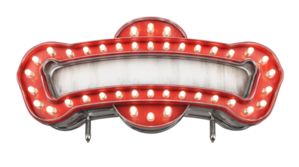 Illuminated red sign with retro style marquee bulbs isolated on transparent background