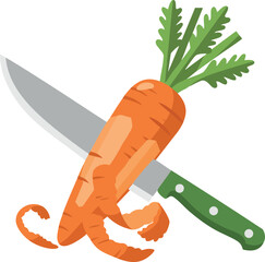 Carrot with green leaves and kitchen knife peeling fresh vegetable vector illustration