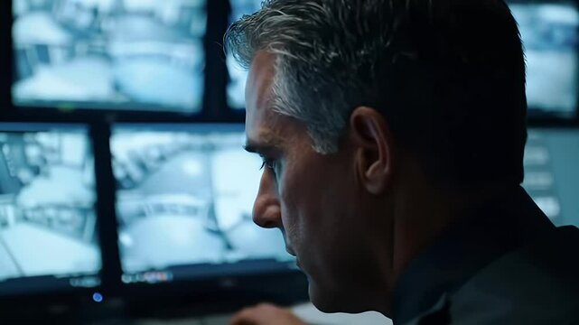 Security guard monitors cameras