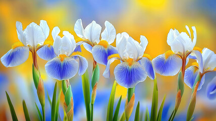 Artistic detailed closeup of blooming iris flowers with white and blue petals and vibrant yellow background