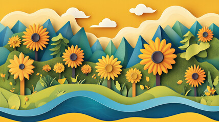 Sunflower field with green hills and blue mountains under bright yellow sky with white clouds, cheerful nature scene