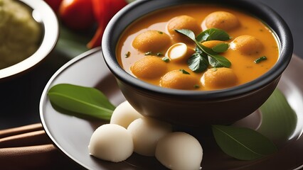 Traditional South Indian breakfast plate featuring idli with sambar and colorful chutneys