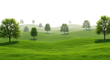 Lush green rolling hills with scattered deciduous trees and a soft misty atmosphere isolated on white background