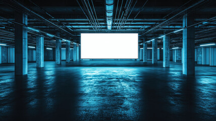 Empty gallery space with soft lighting and concrete pillars under ceiling pipes, creating cool blue ambiance