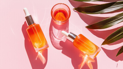 Orange facial serum bottles with dropper and glass of orange liquid on pink background with green leaves, bright and fresh mood