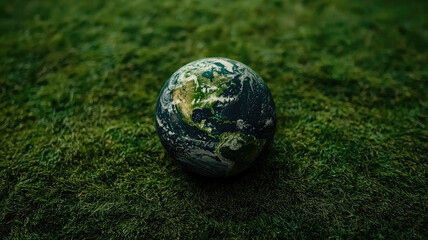 Globe illustration lush green meadow symbolizes environmental care and sustainability with vibrant natural colors and peaceful