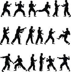 Karate martial arts silhouettes diverse poses training