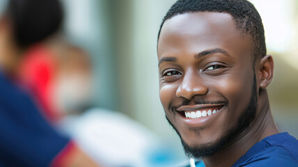 Smiling young man with beard wearing blue shirt looking at camera with happy expression in soft light