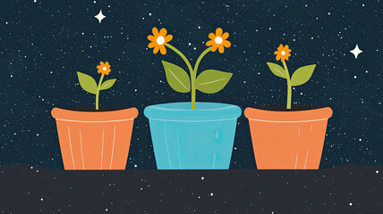 Flower pot growth illustration with orange flowers and green leaves under starry night sky