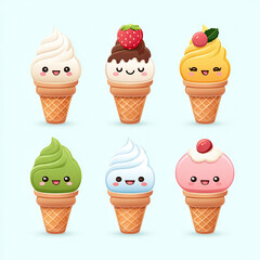 Cute kawaii ice cream cone set with happy faces in various flavors and toppings, colorful and playful dessert icons