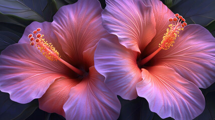Vibrant blooming hibiscus flowers with delicate petals and bright stamens create tropical floral scene full of natural beauty