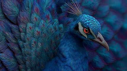 Majestic Peacock Portrait: A mesmerizing close-up revealing vibrant blue plumage and intricate feather details.