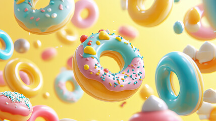 Colorful donuts with glossy icing and sprinkles falling in slow motion against bright yellow background, creating joyful scene