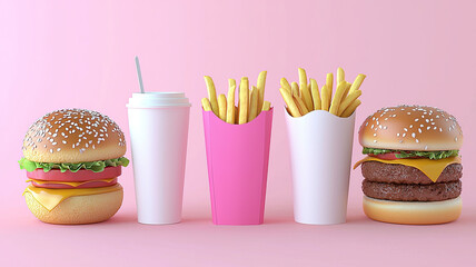 Fast food meal with two burgers, two servings of fries, and drink cup on pink background, appetizing and colorful