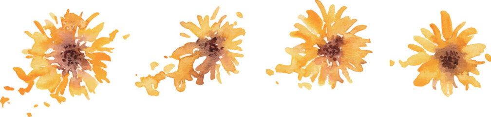 ひまわりのベクターイラスト。水彩タッチで描いた夏の向日葵背景。Vector illustration of sunflowers. Summer sunflower background with watercolor touch.