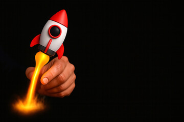 Startup Launch Concept, Businessman touching on rocket launch with up arrow, Generative ai