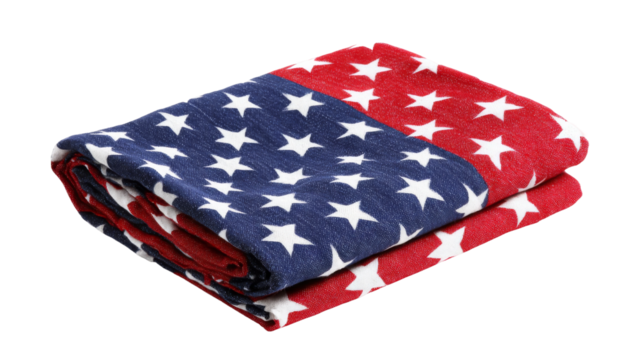 Folded cloth shows a pattern of white stars on red and blue fabric against transparent backdrop.